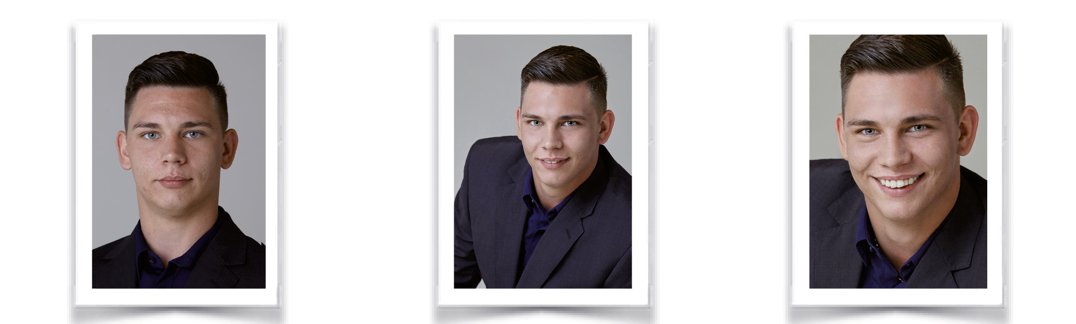 Professionelles Bewerbungsfoto eines jüngeren Mannes im Business-Outfit, klassisches Portrait mit direktem Blickkontakt. Beispiel für ein seriöses Karrierefoto im Studio