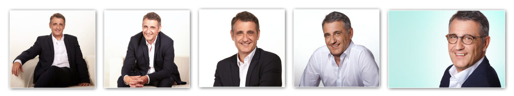 Fotostreifen 2: Headshots eines Geschäftsmann im Business-Outfit, dezente Unterschiede in Lächeln und Haltung