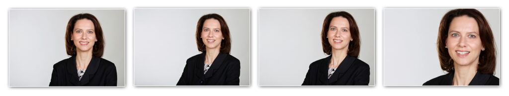 Fotostreifen 8: Auswahl von Bewerbungsbildern einer Frau im Studio, Unterschiede in Ausdruck und Blickrichtung.