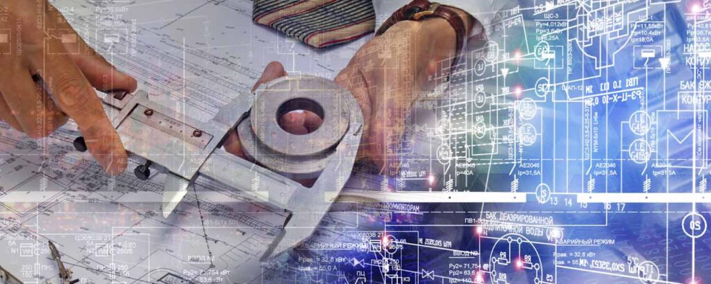 Bildkollage; Hand am Messschieber verschmilzt mit dahinterliegenden Werkplan